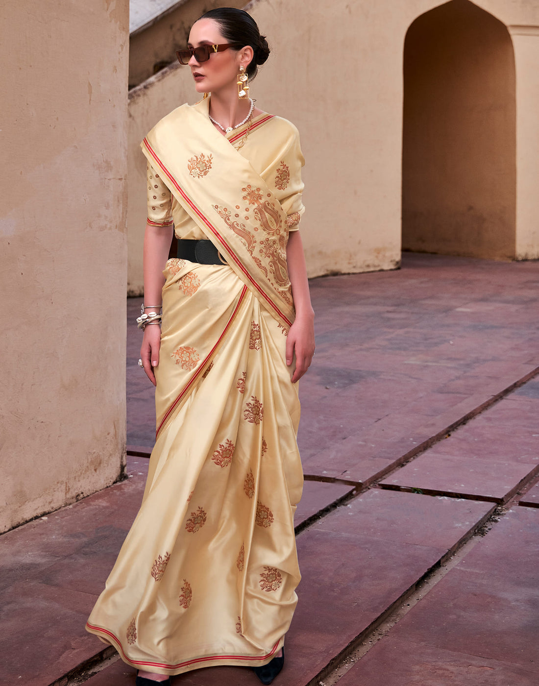 Cream Silk Woven Banarasi Saree