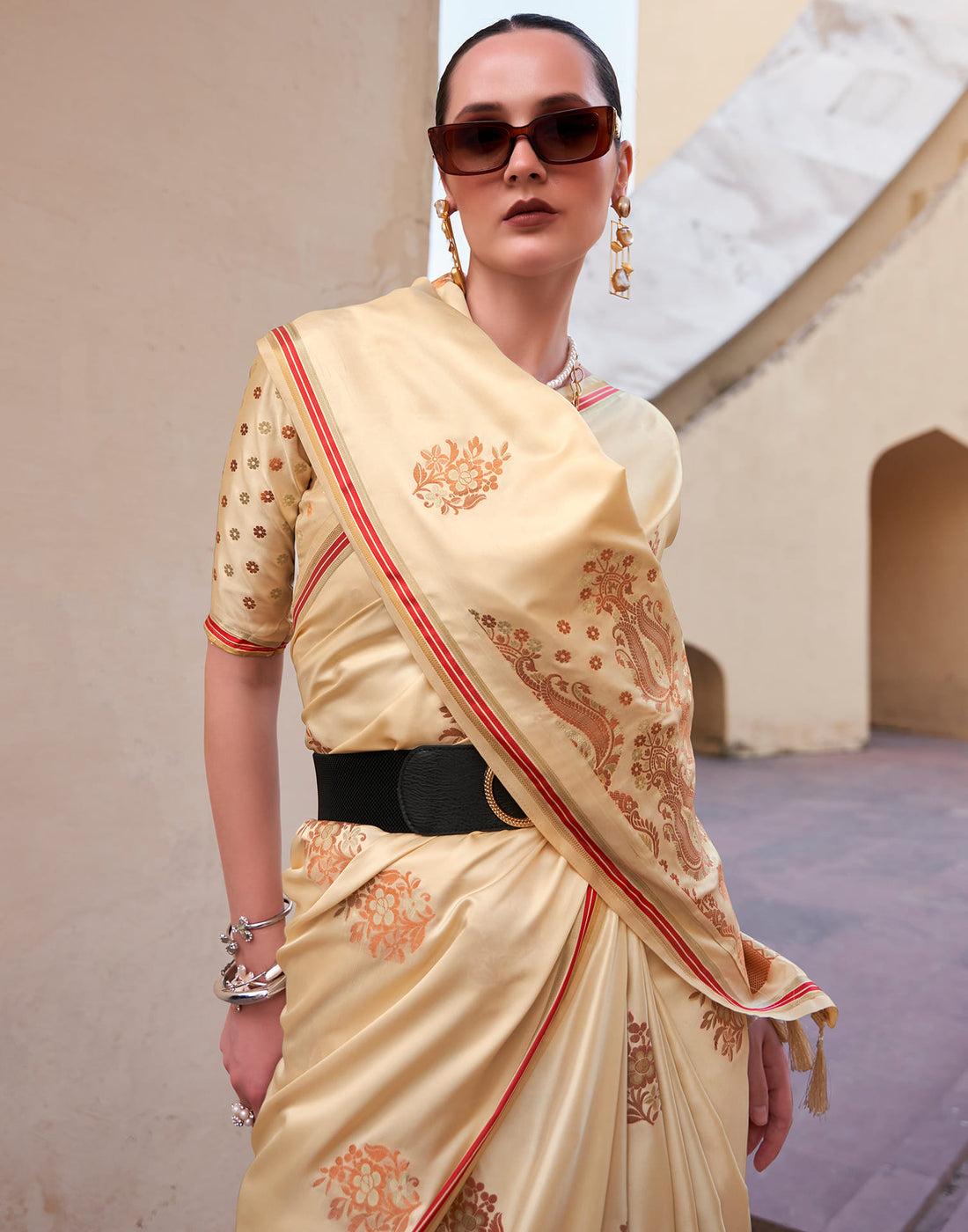 Cream Silk Woven Banarasi Saree