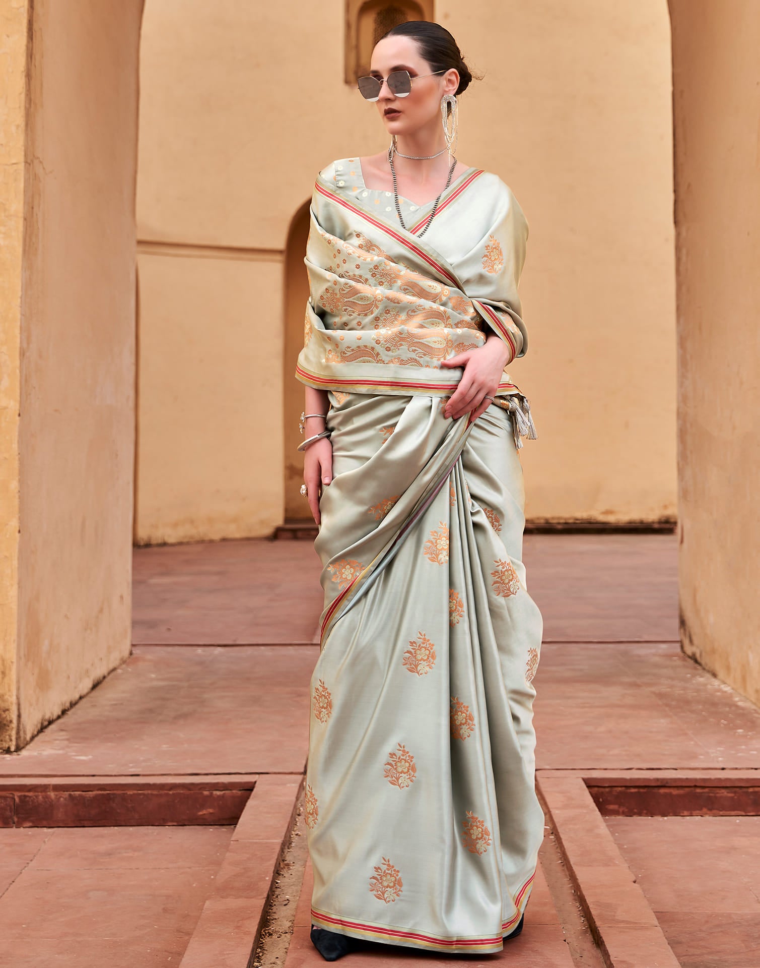 Grey Silk Woven Banarasi Saree