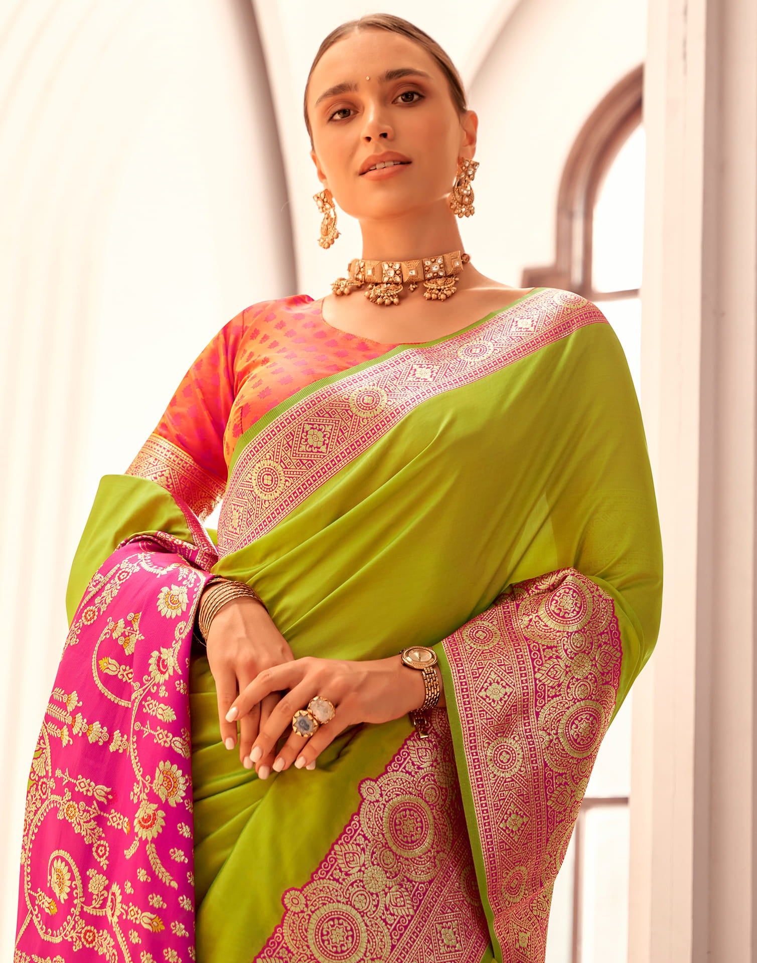 Parrot Green Silk Woven Banarasi Saree