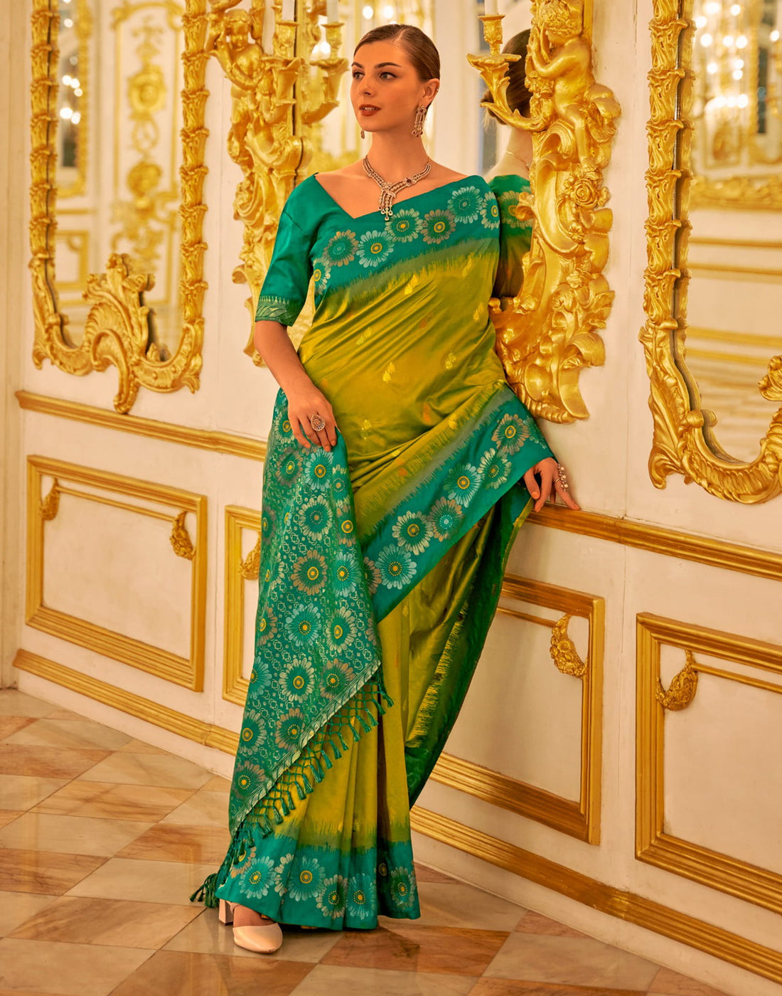 Olive Green Silk Woven Banarasi Saree