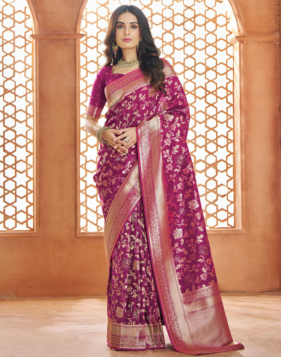 Dark Magenta Silk Woven Banarasi Saree