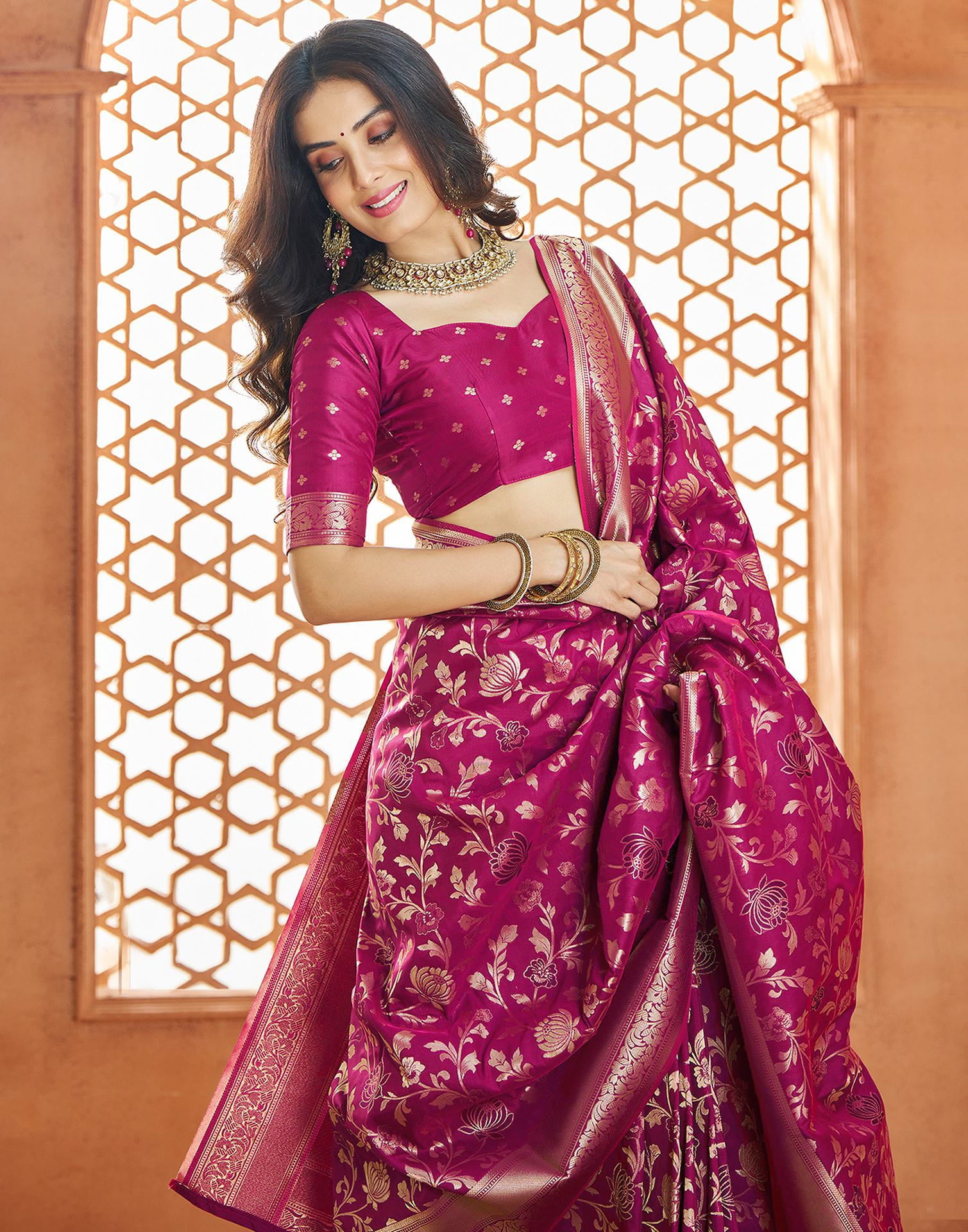 Dark Magenta Silk Woven Banarasi Saree