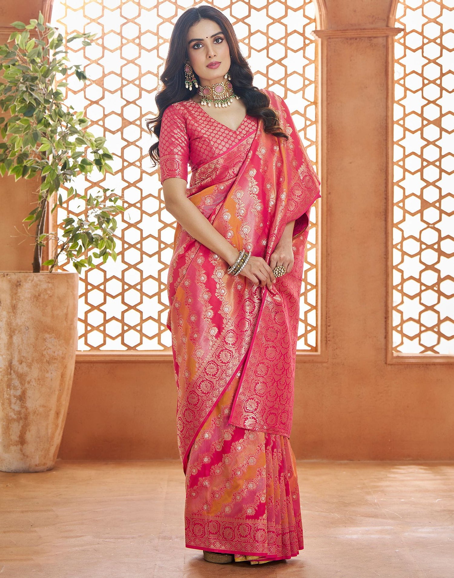 Bright Pink Silk Woven Banarasi Saree