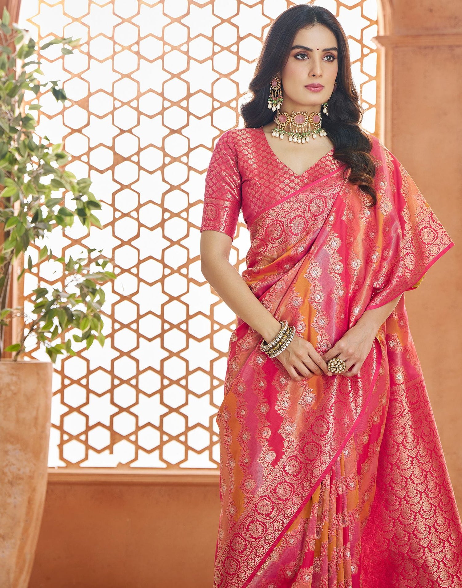 Bright Pink Silk Woven Banarasi Saree