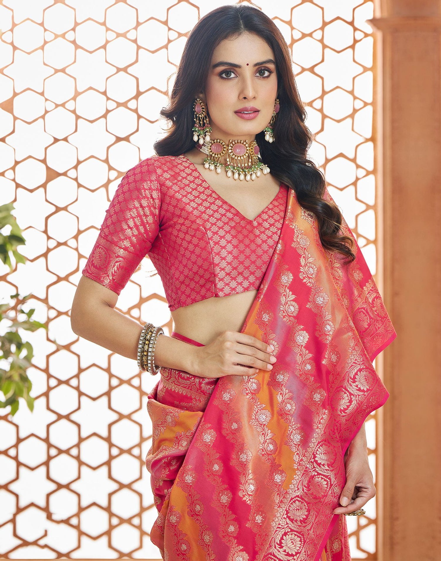 Bright Pink Silk Woven Banarasi Saree