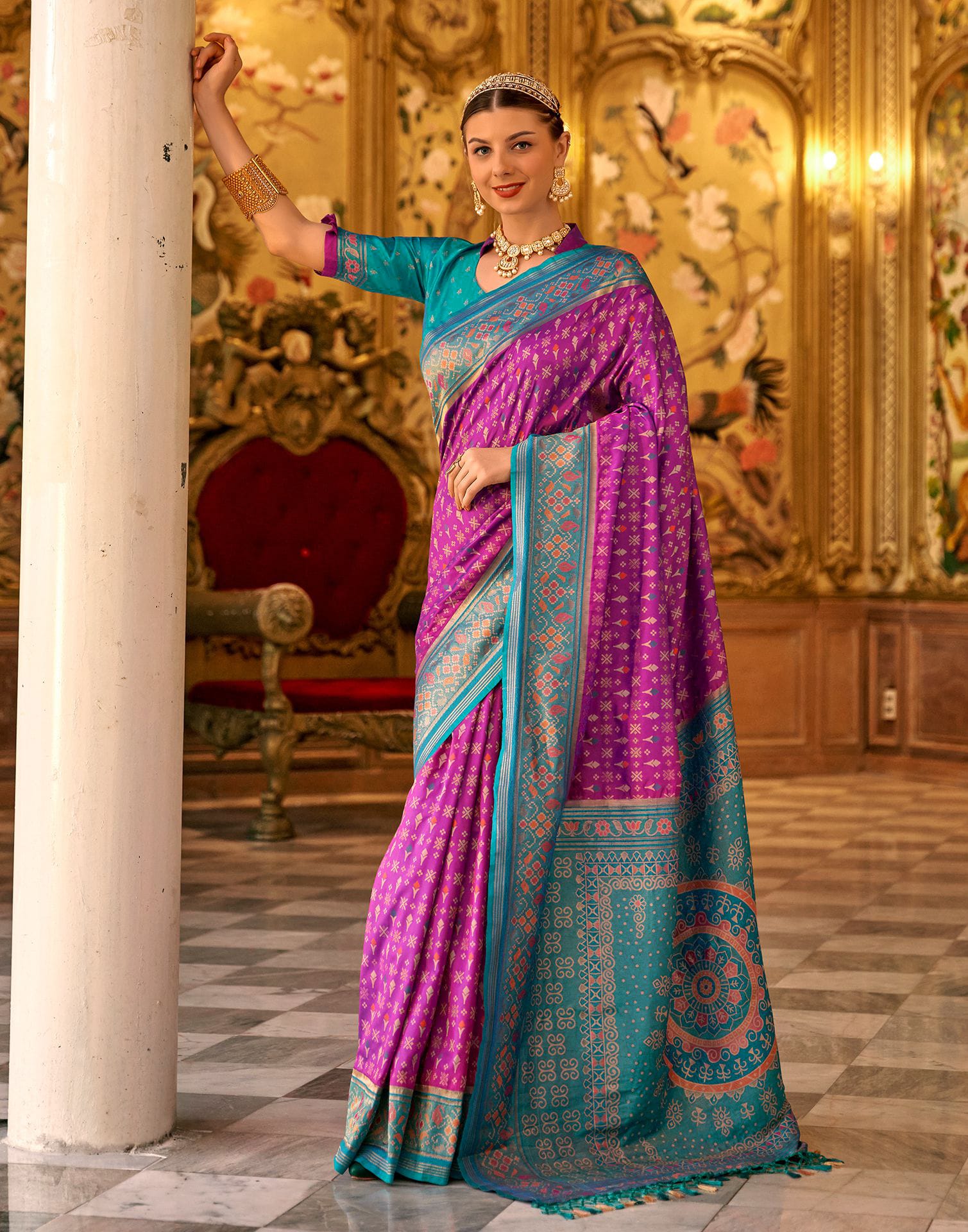 Dark Magenta Silk Woven Patola Saree