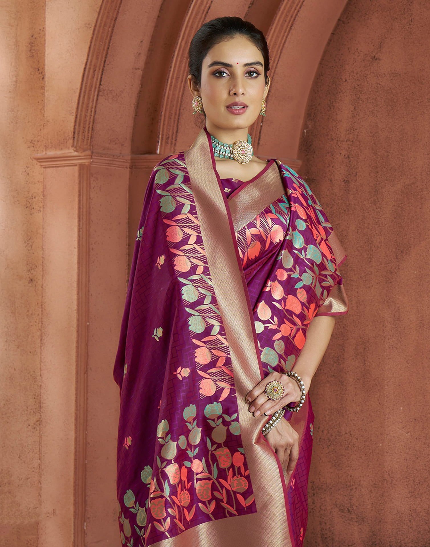 Wine Silk Woven Saree