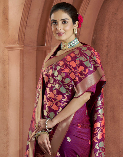 Wine Silk Woven Saree