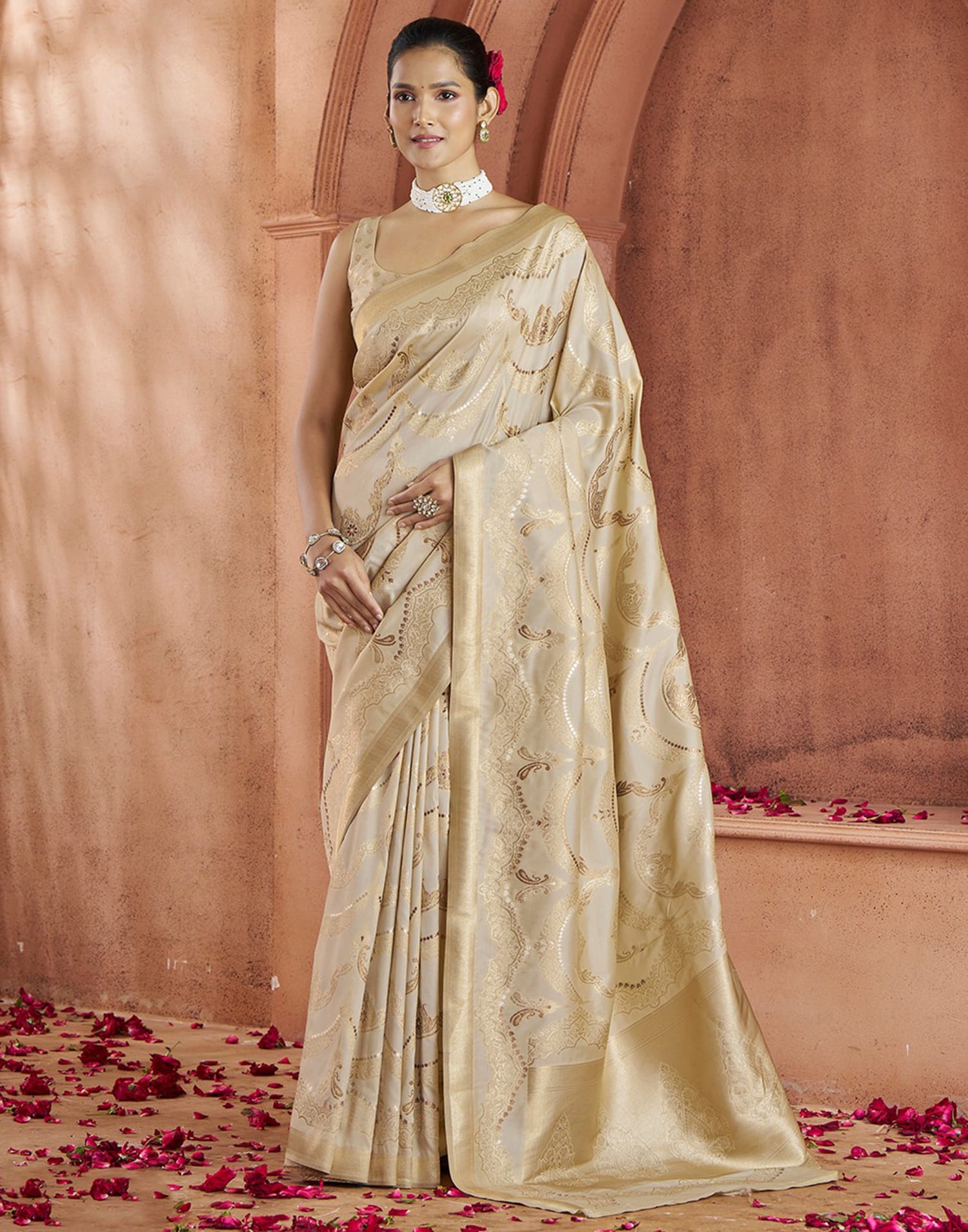 Beige Silk Woven Banarasi Saree