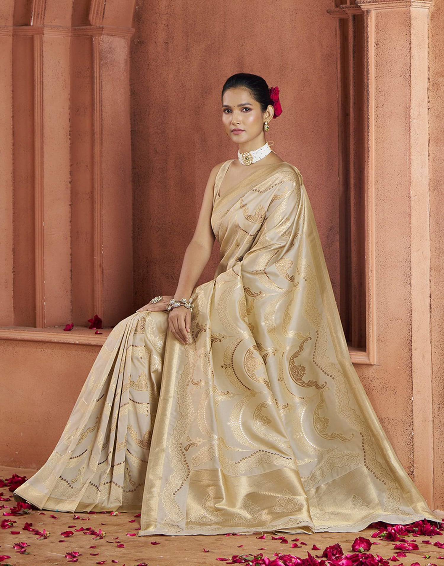 Beige Silk Woven Banarasi Saree