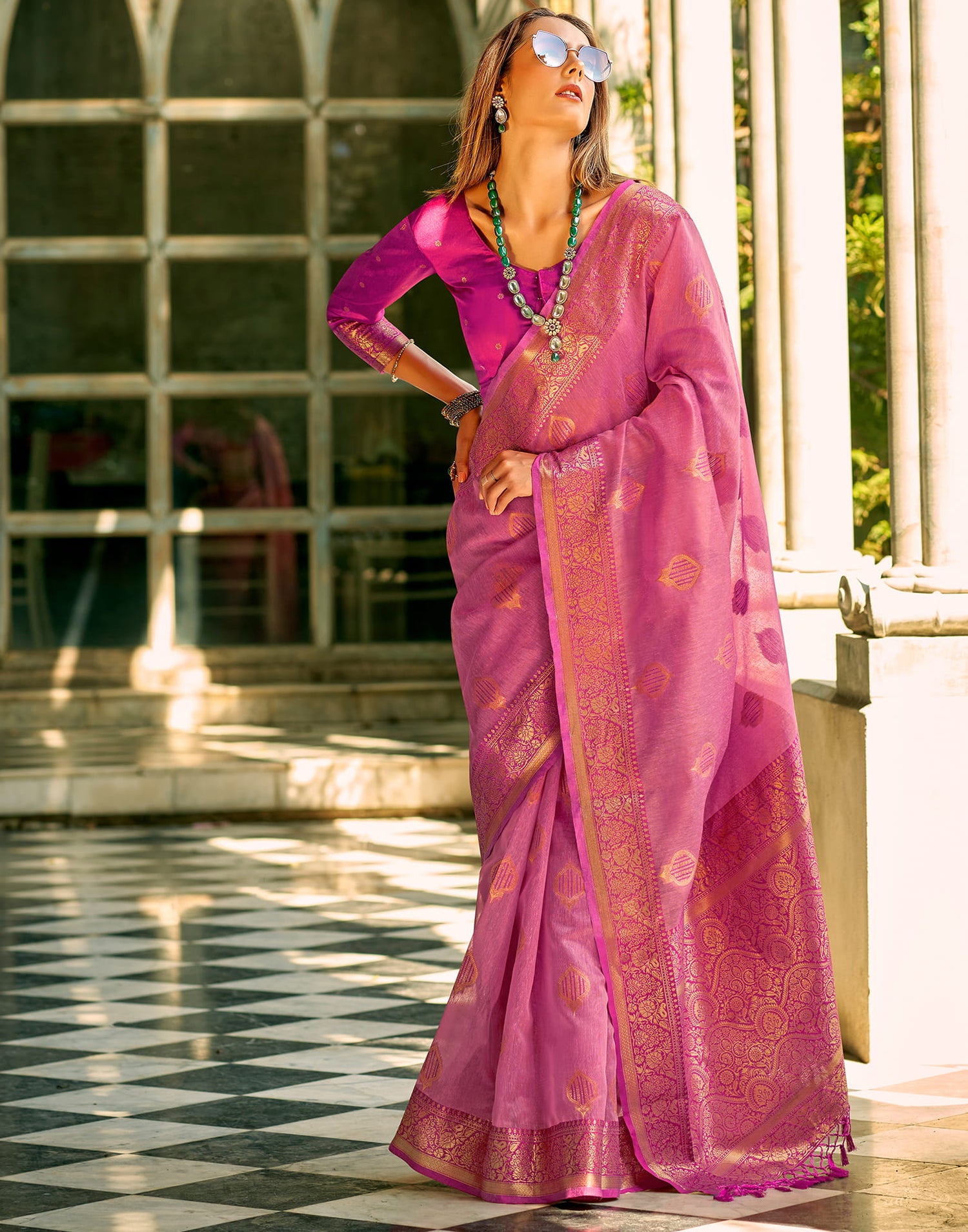 Pink Silk Woven Banarasi Saree