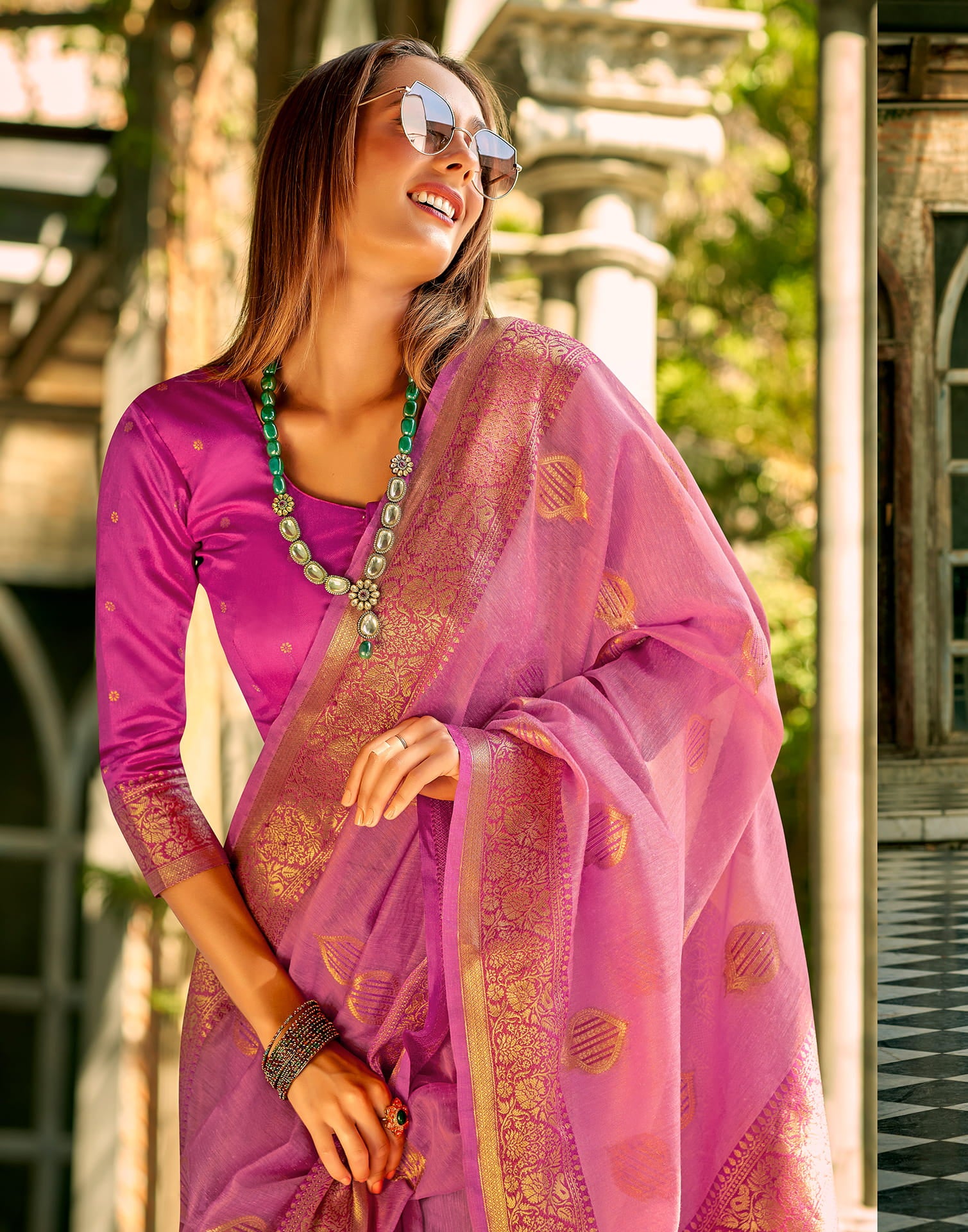 Pink Silk Woven Banarasi Saree