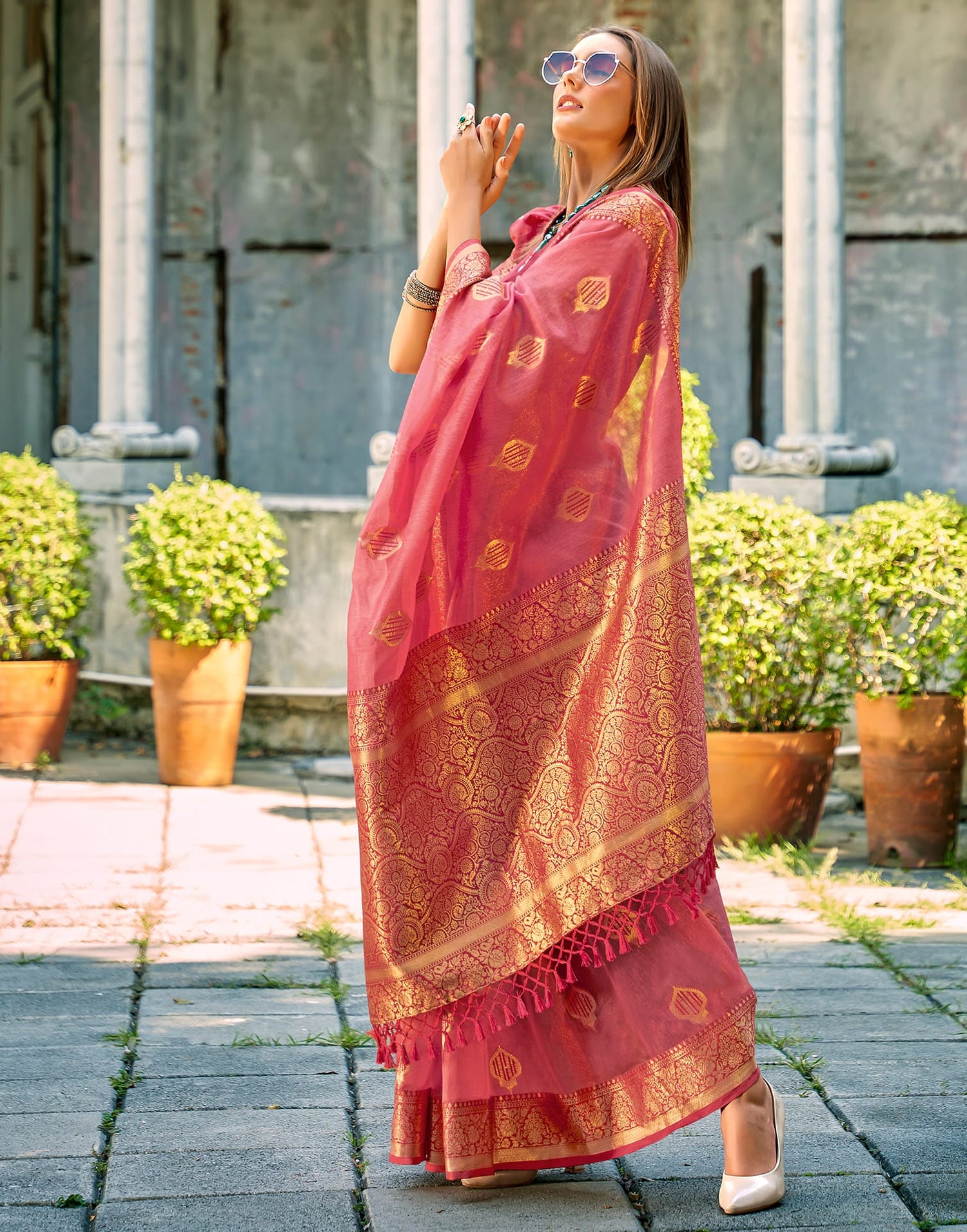 Pink Silk Woven Banarasi Saree