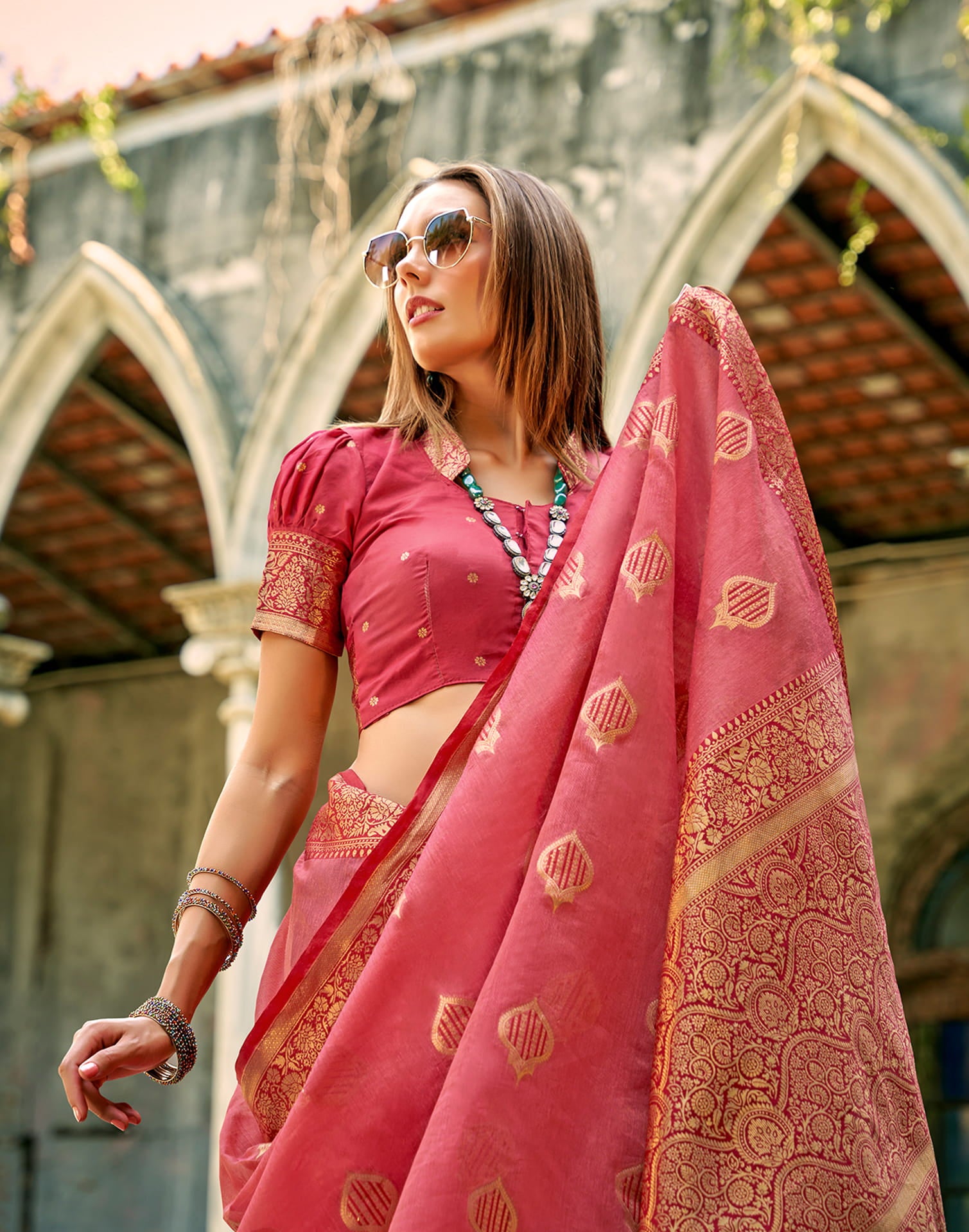 Pink Silk Woven Banarasi Saree