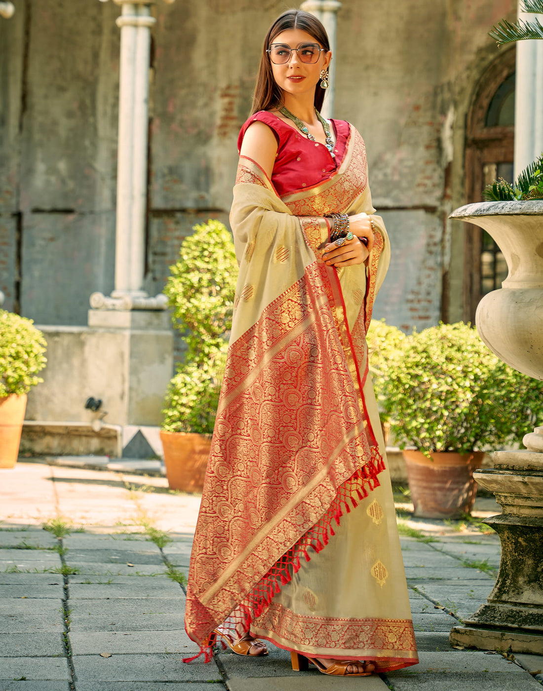 Beige Silk Woven Banarasi Saree