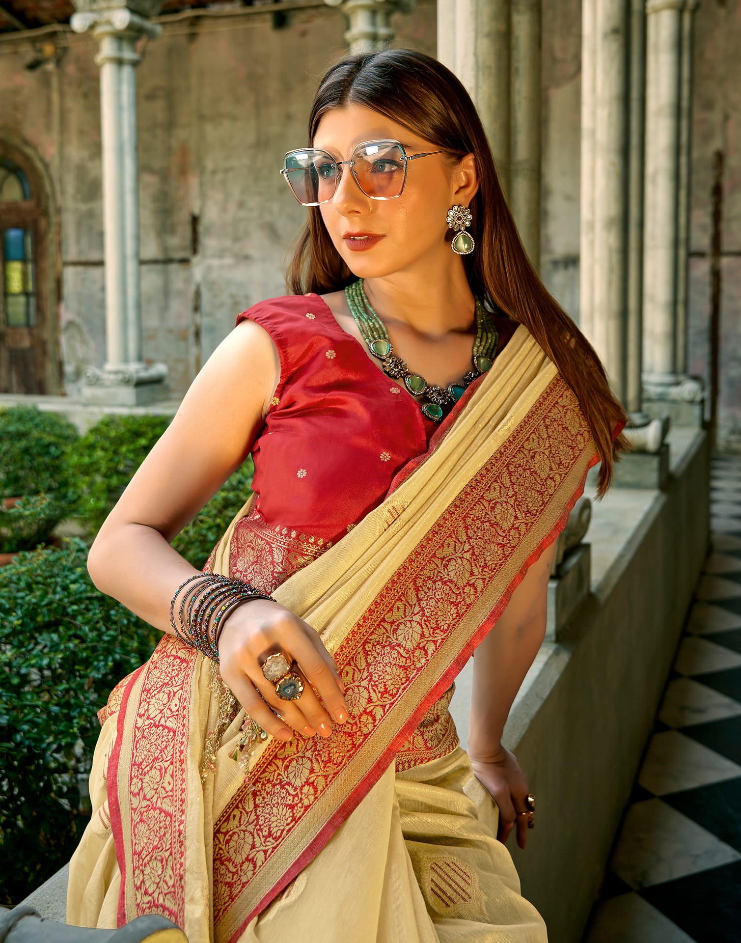 Beige Silk Woven Banarasi Saree