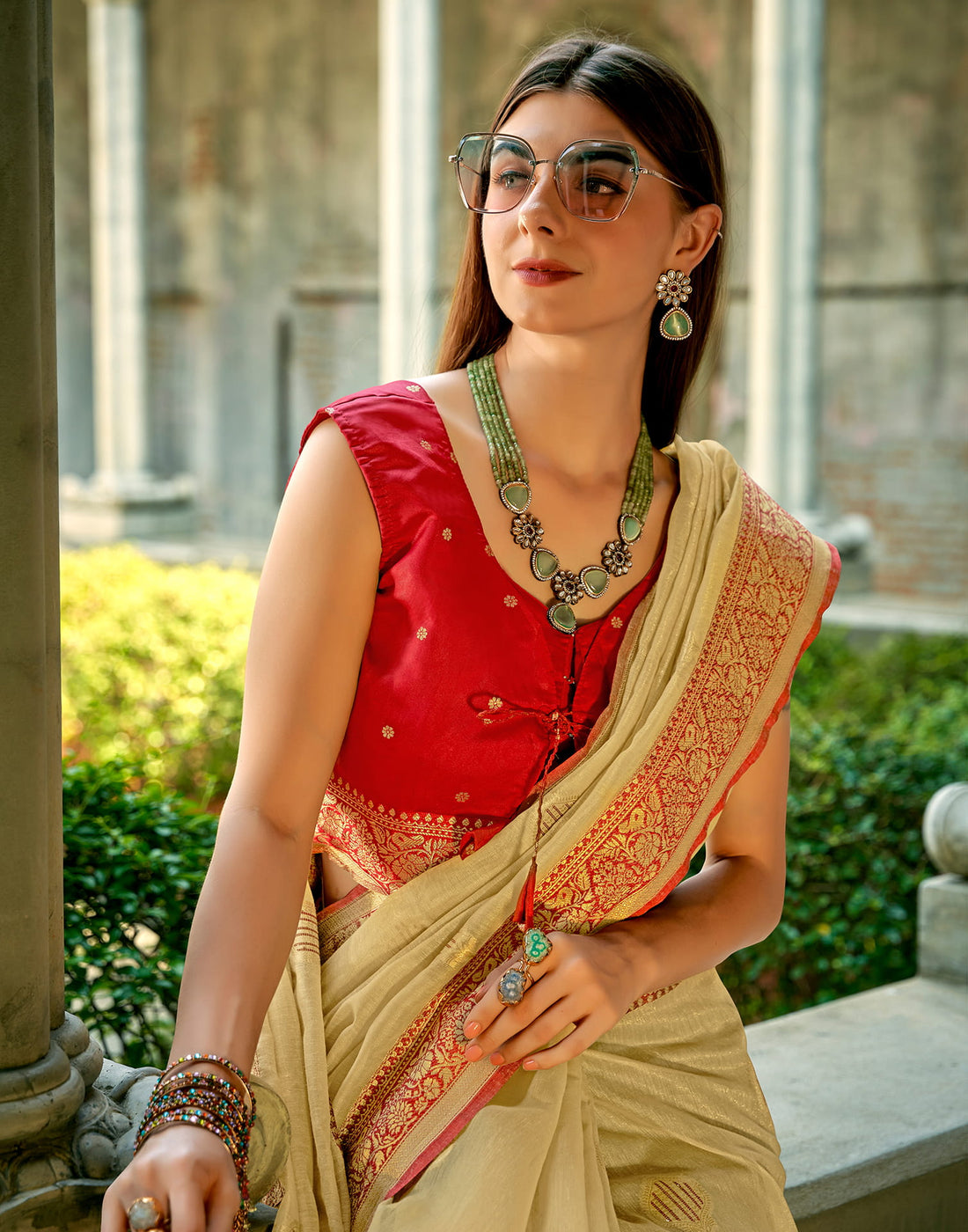 Beige Silk Woven Banarasi Saree