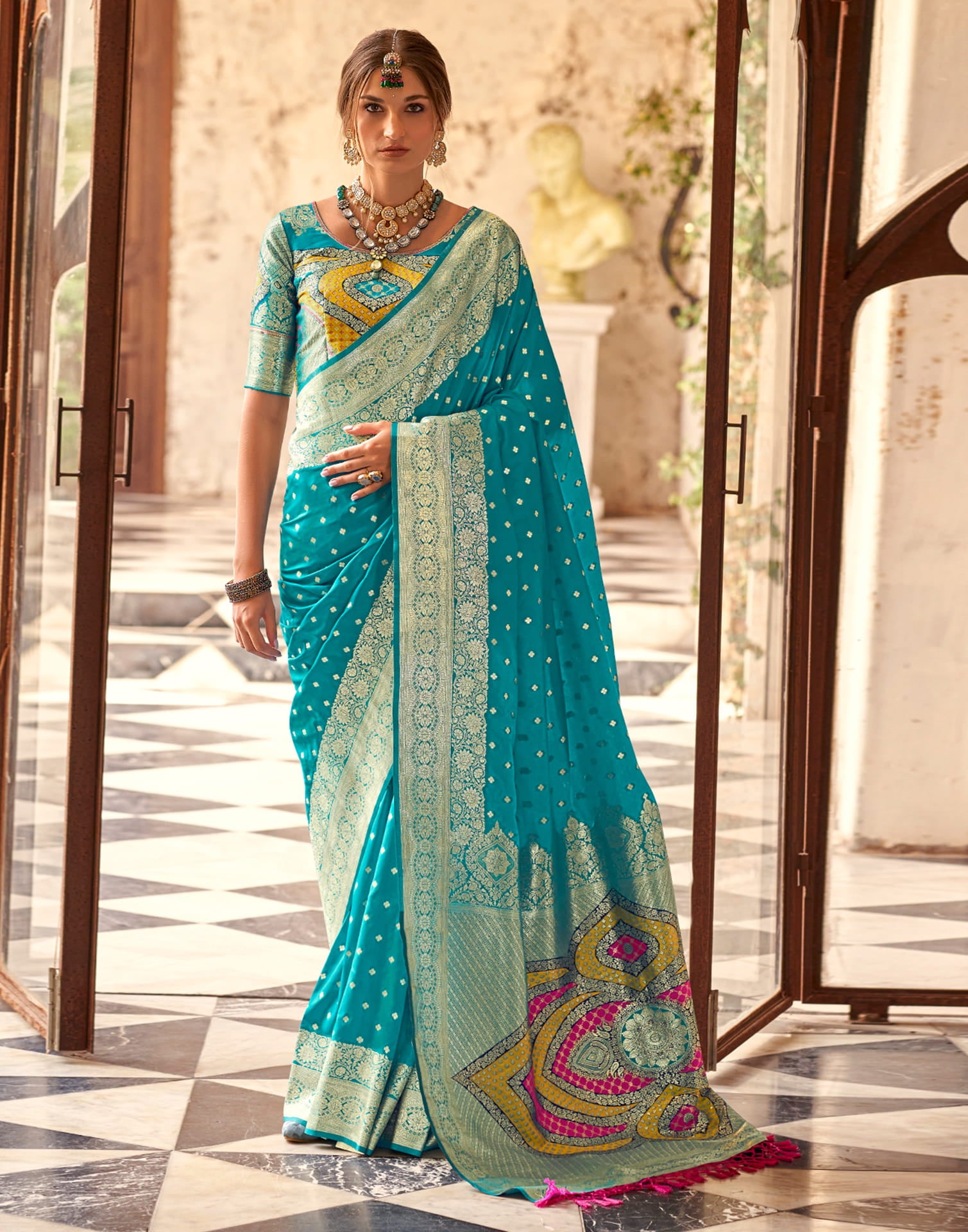 Teal Blue Silk Woven Banarasi Saree