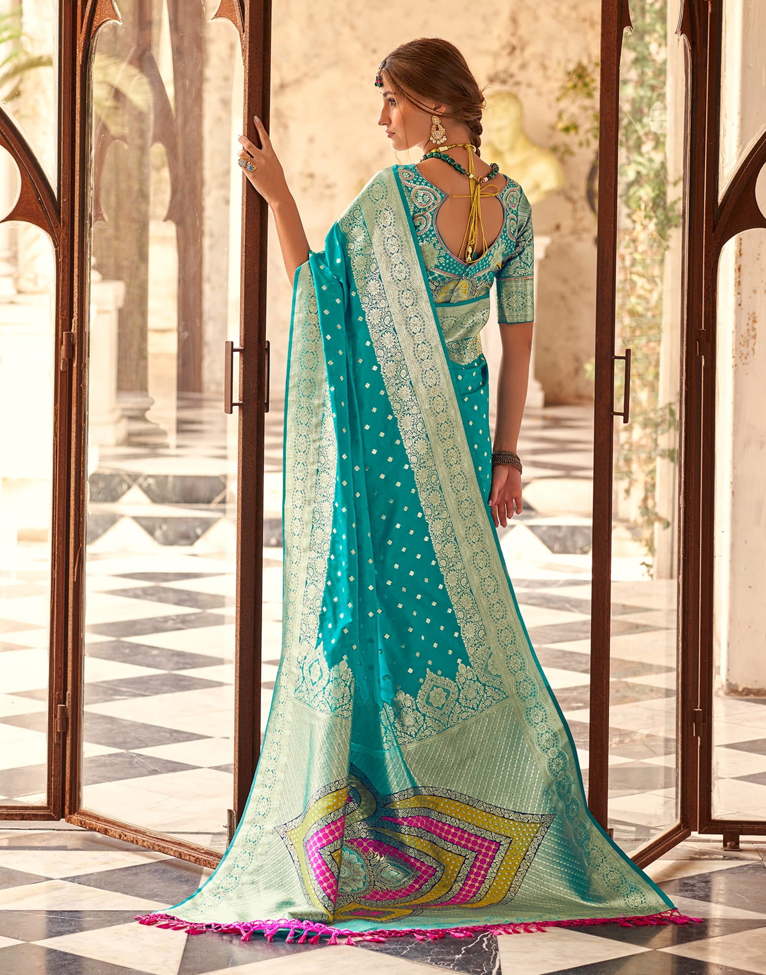 Teal Blue Silk Woven Banarasi Saree