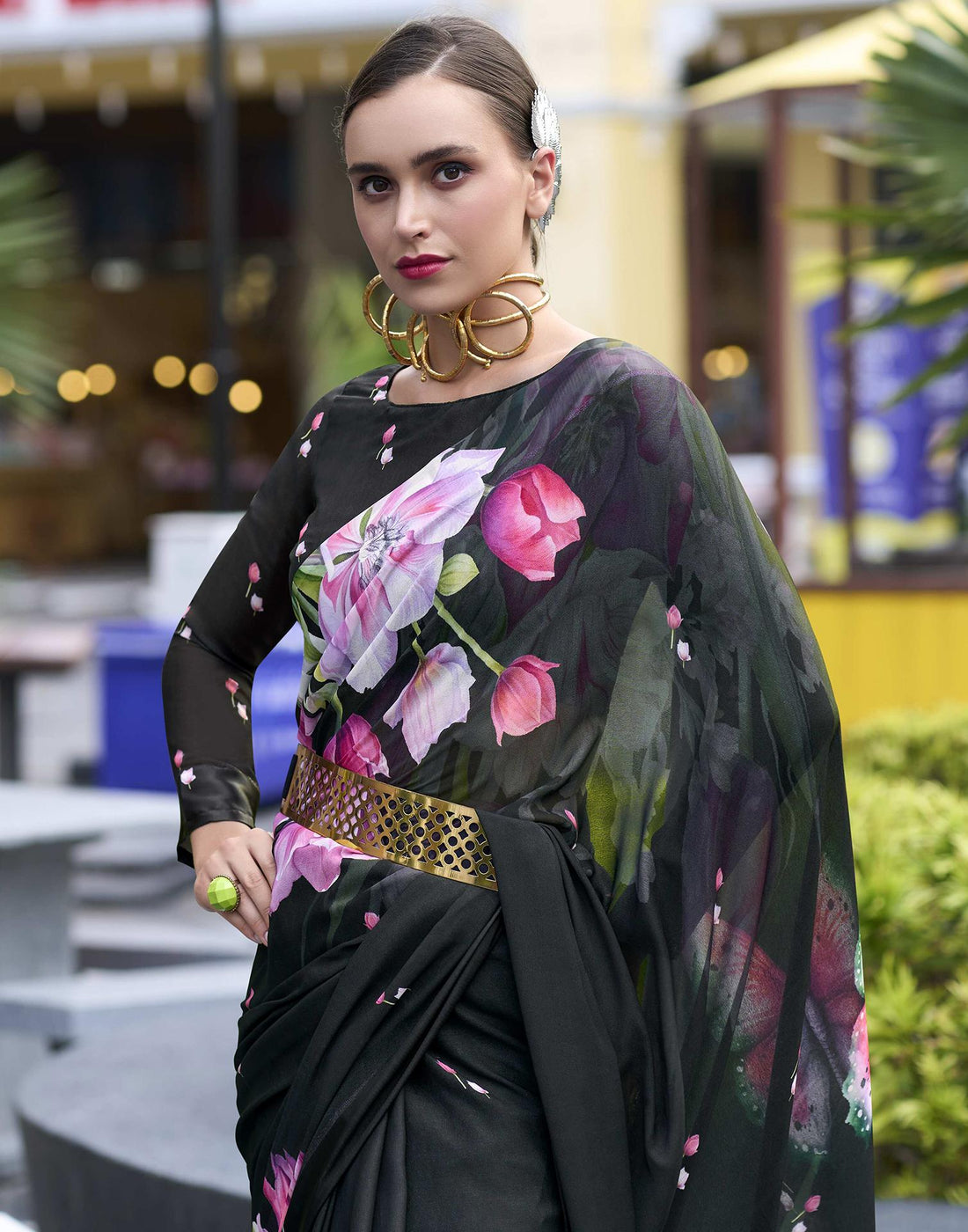 Black Floral Printed Georgette Saree