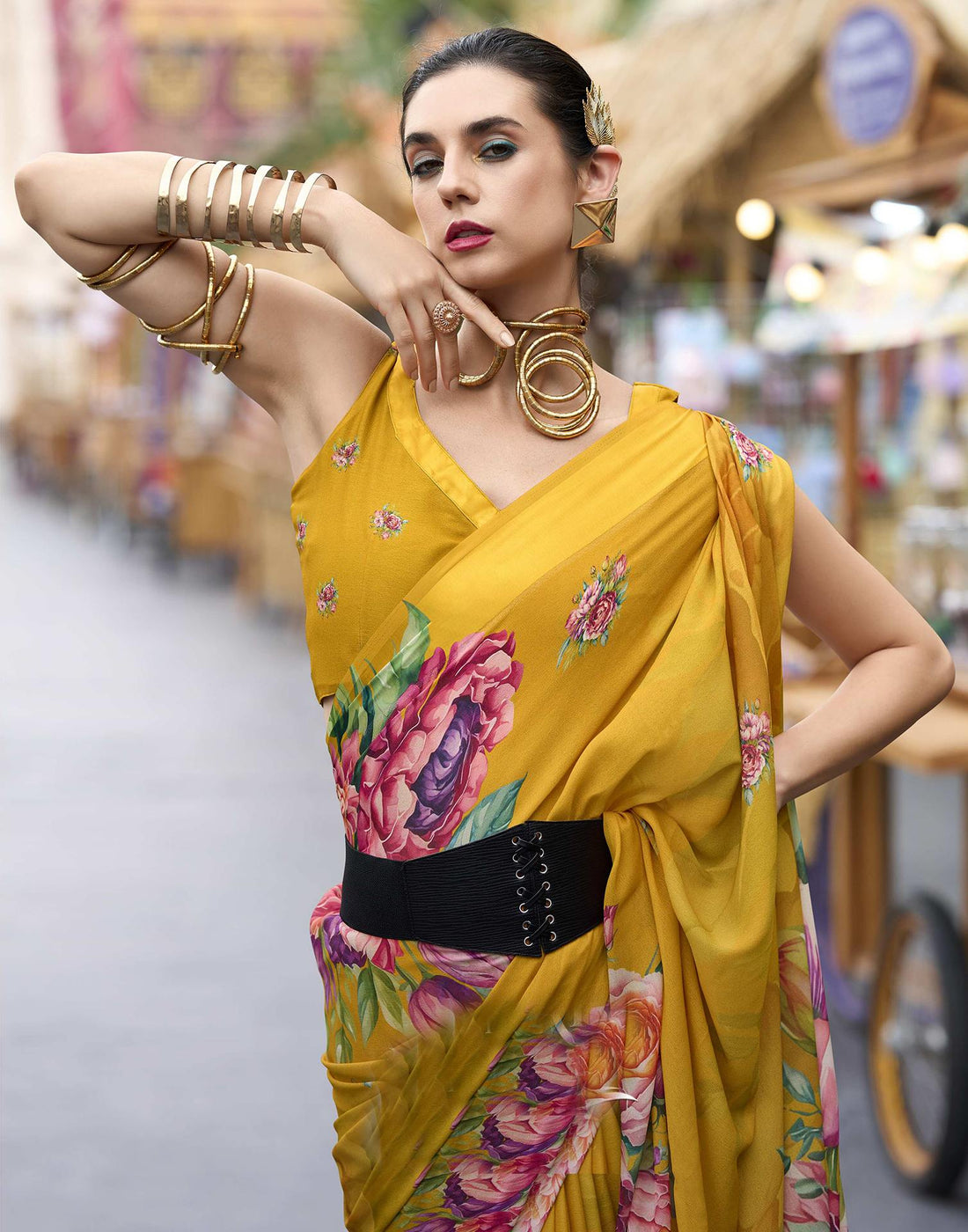 Turmeric Yellow Floral Printed Georgette Saree