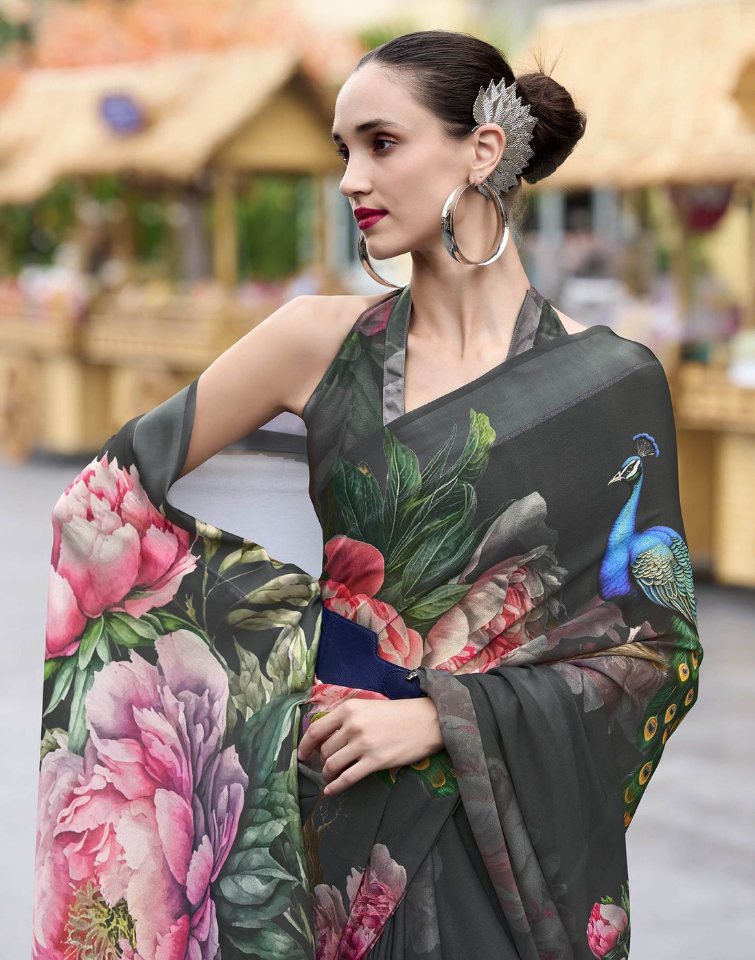 Black Floral Printed Georgette Saree