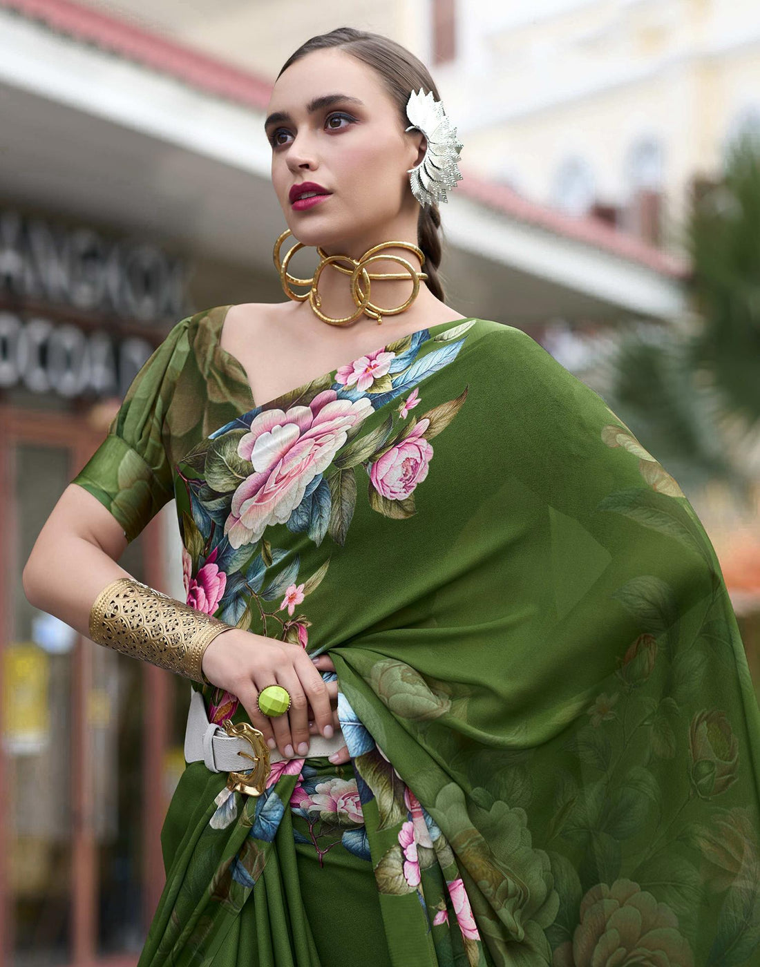 Olive Green Floral Printed Georgette Saree