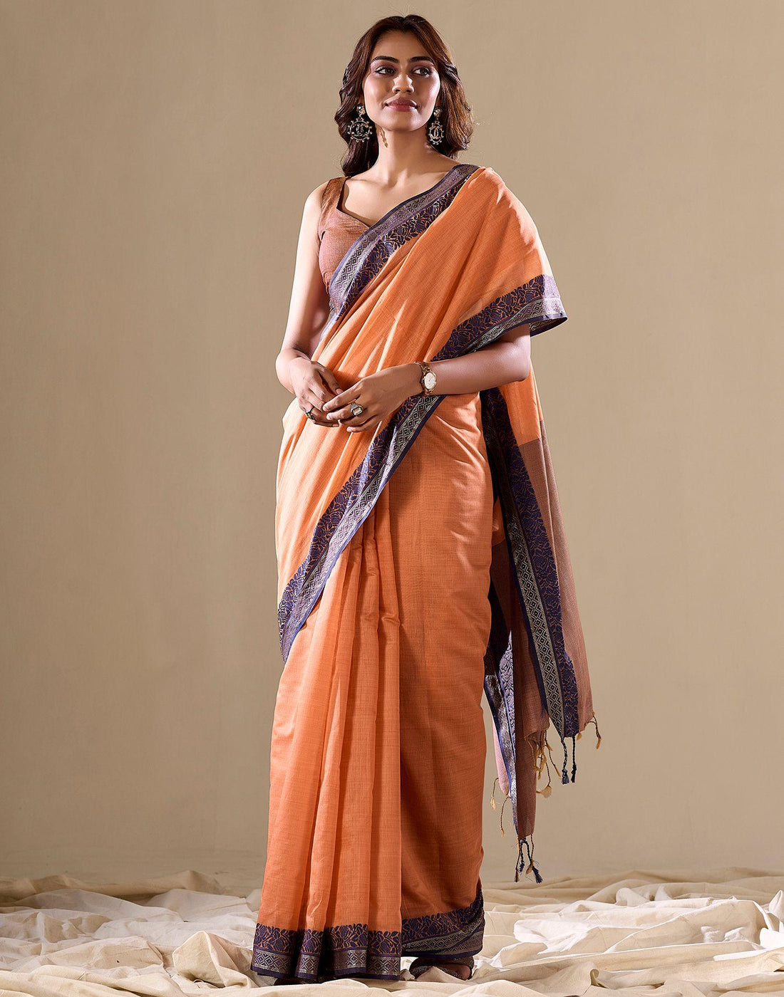Light Orange Haldloom Cotton Saree