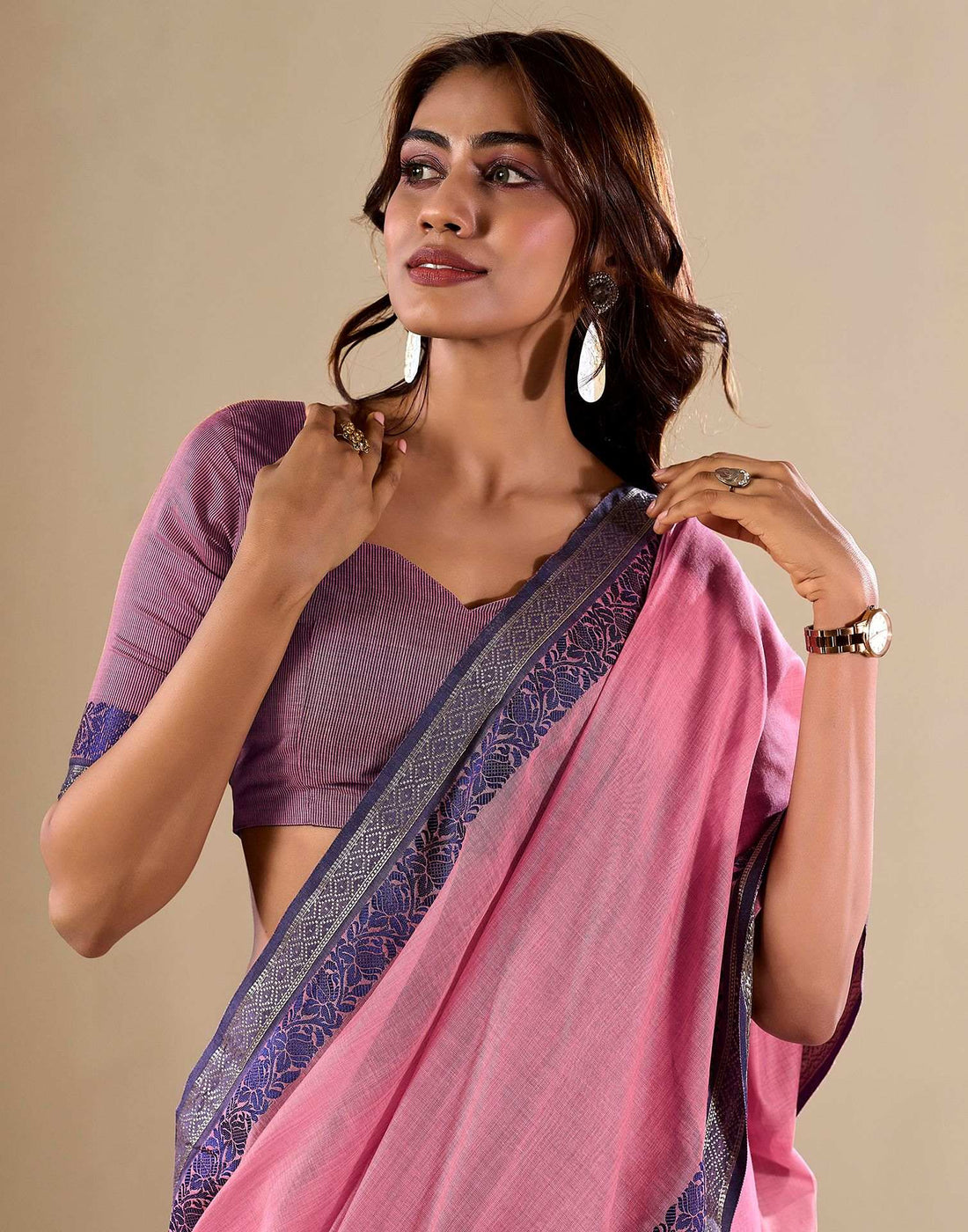 Pink Haldloom Cotton Saree
