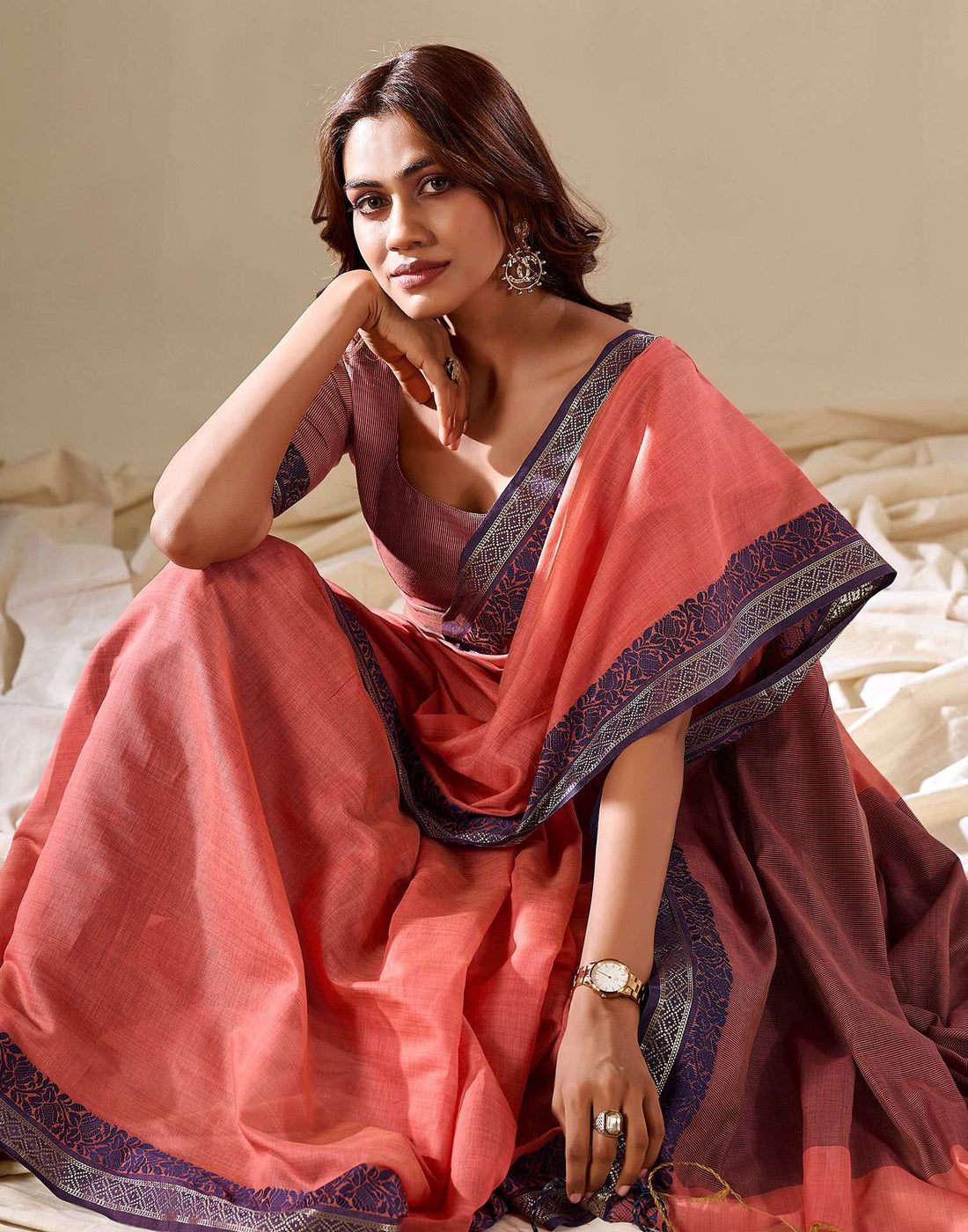 Dark Rose Pink Haldloom Cotton Saree