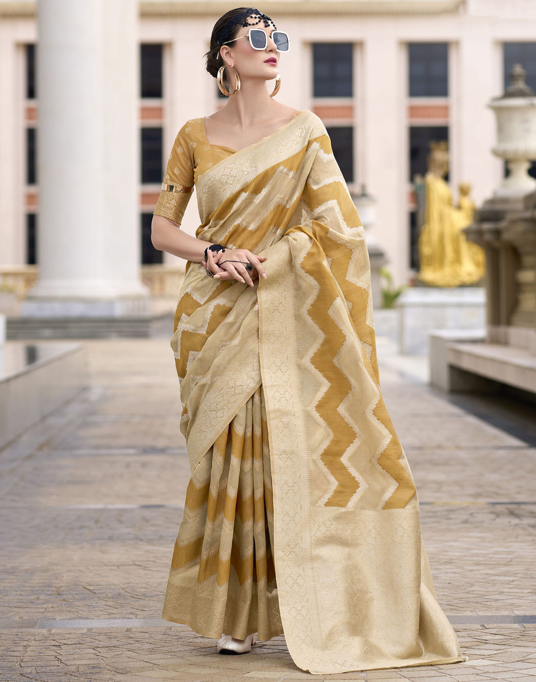 Beige Cotton Woven Saree