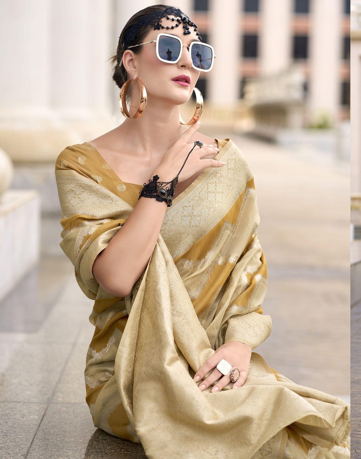 Beige Cotton Woven Saree