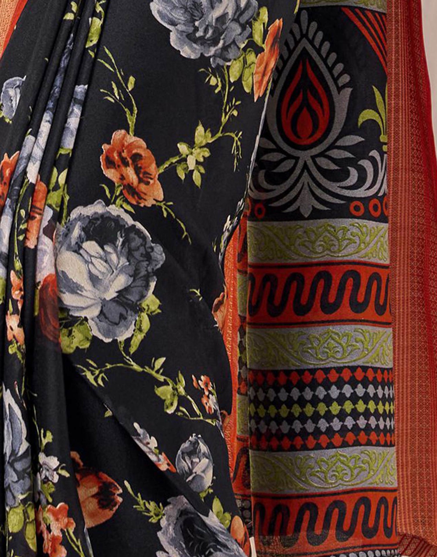 Black Floral Printed Georgette Saree