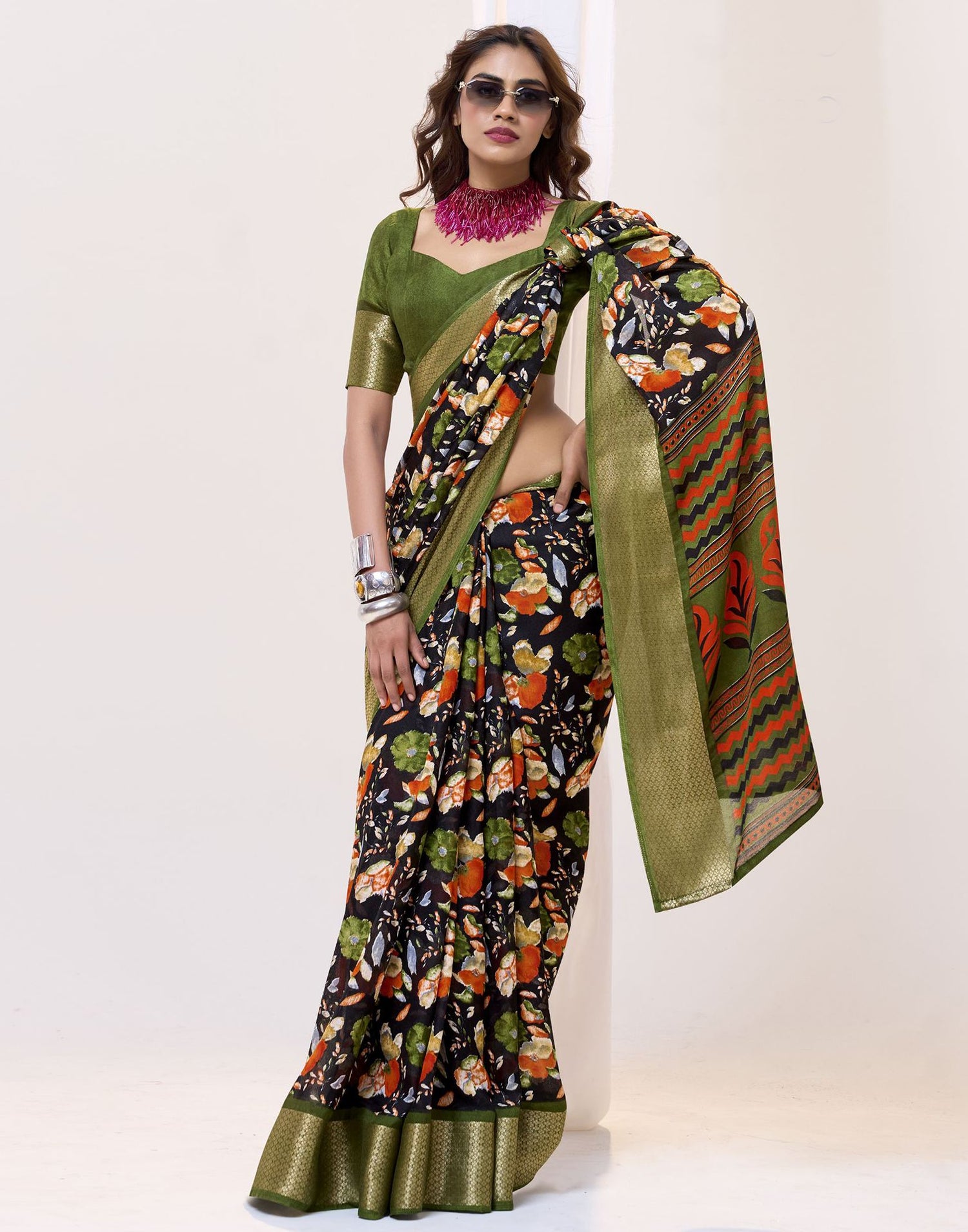 Black Floral Printed Georgette Saree