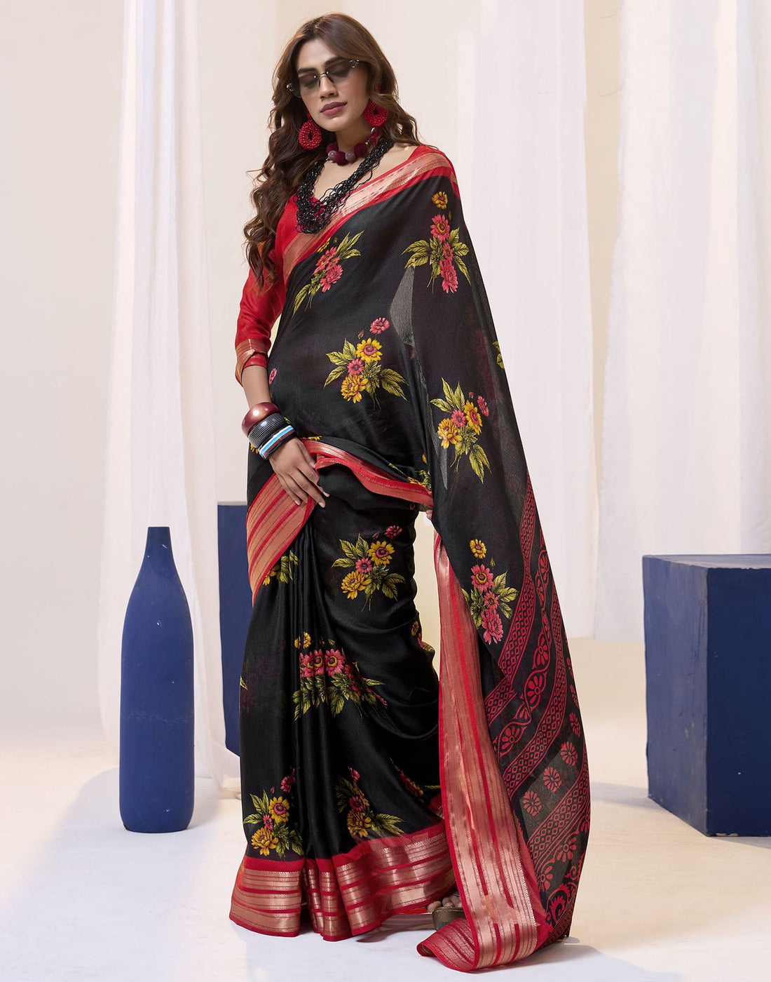 Black Floral Printed Georgette Saree