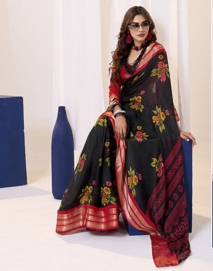 Black Floral Printed Georgette Saree