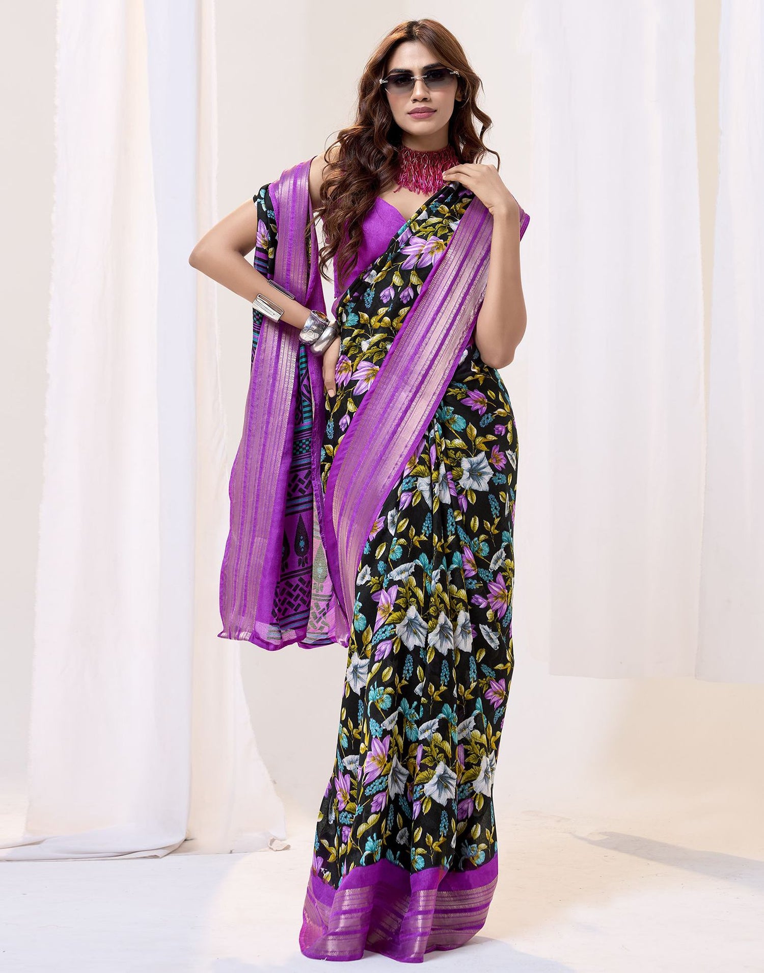 Black Floral Printed Georgette Saree