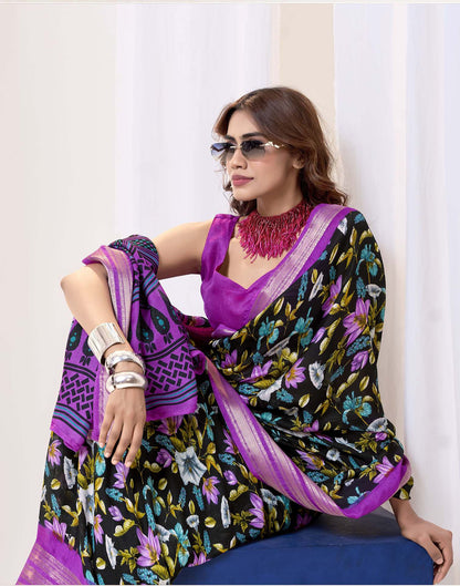 Black Floral Printed Georgette Saree