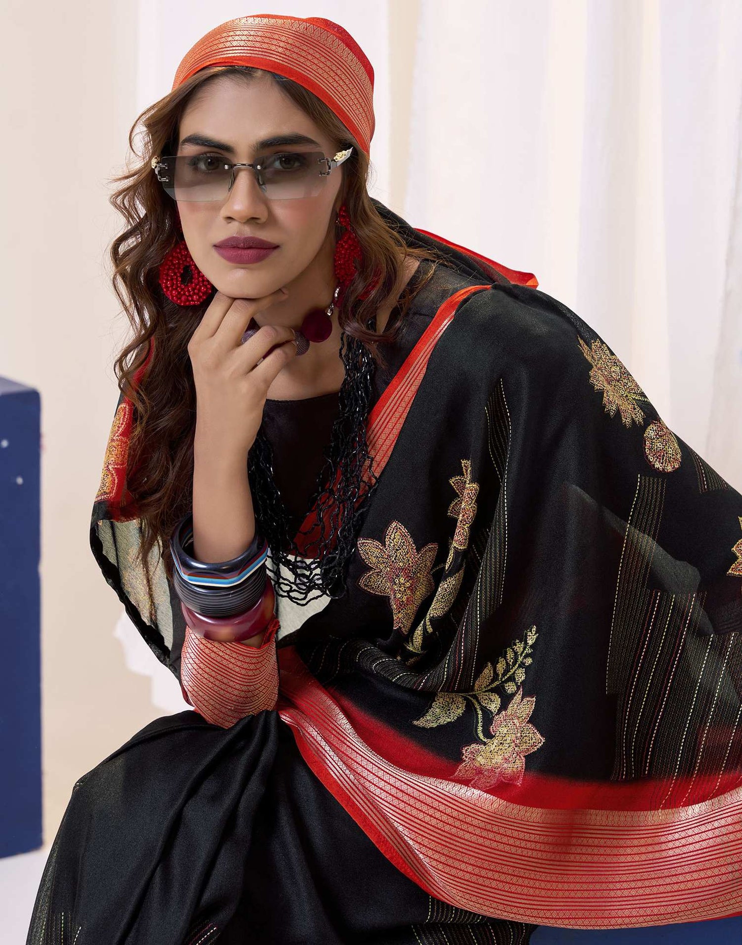 Black Floral Printed Georgette Saree