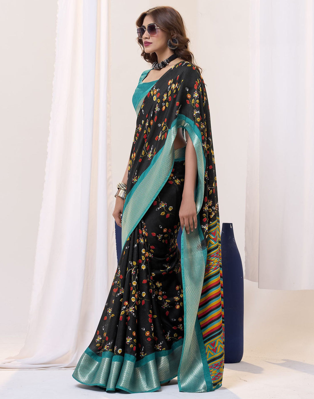 Black Floral Printed Georgette Saree