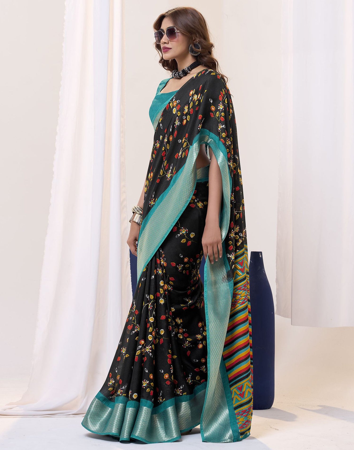 Black Floral Printed Georgette Saree