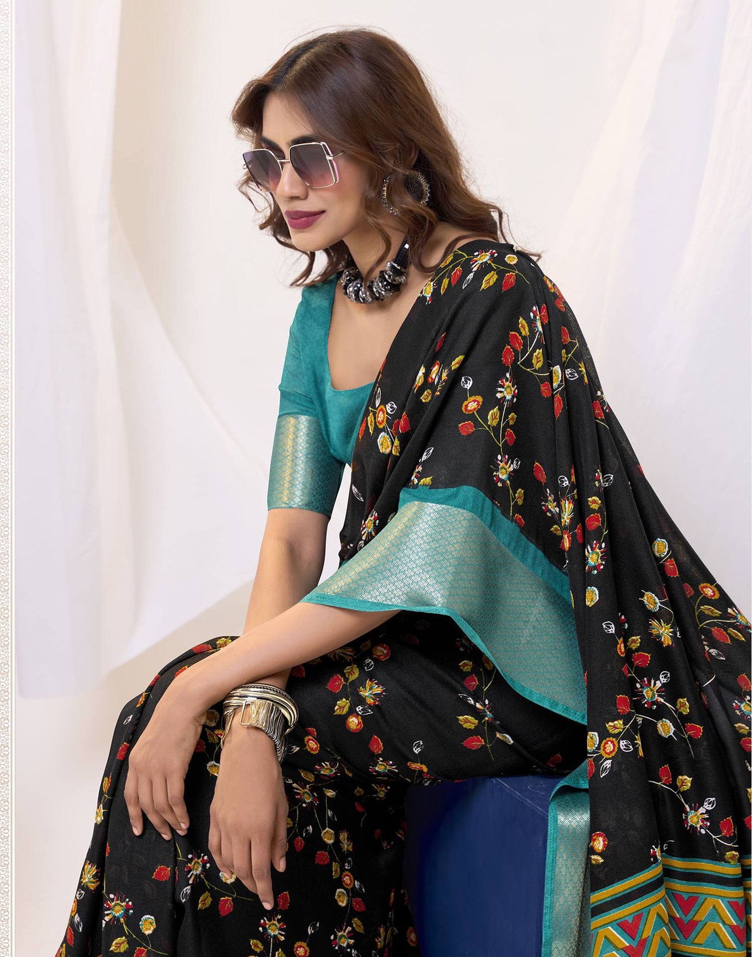Black Floral Printed Georgette Saree