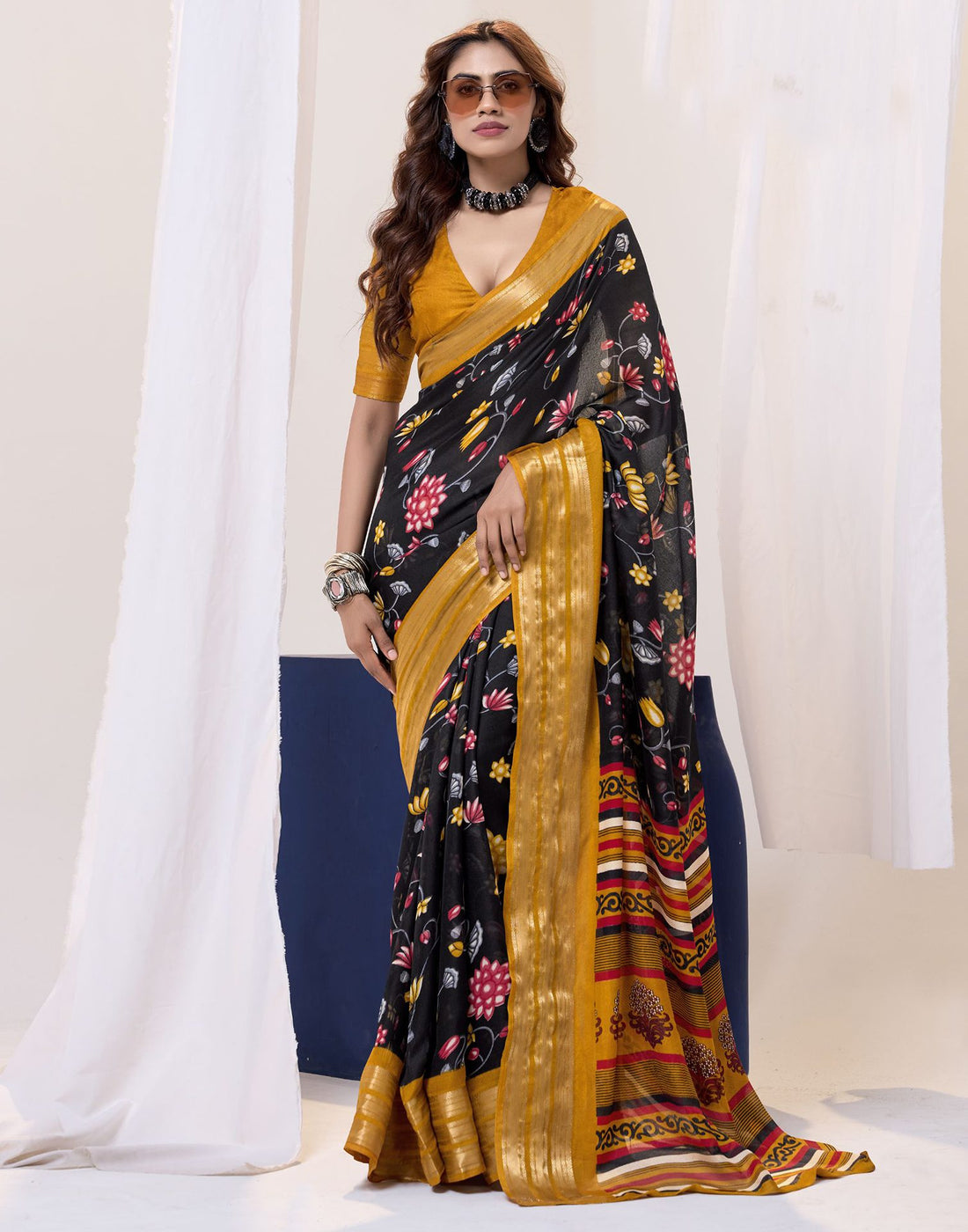 Black Floral Printed Georgette Saree
