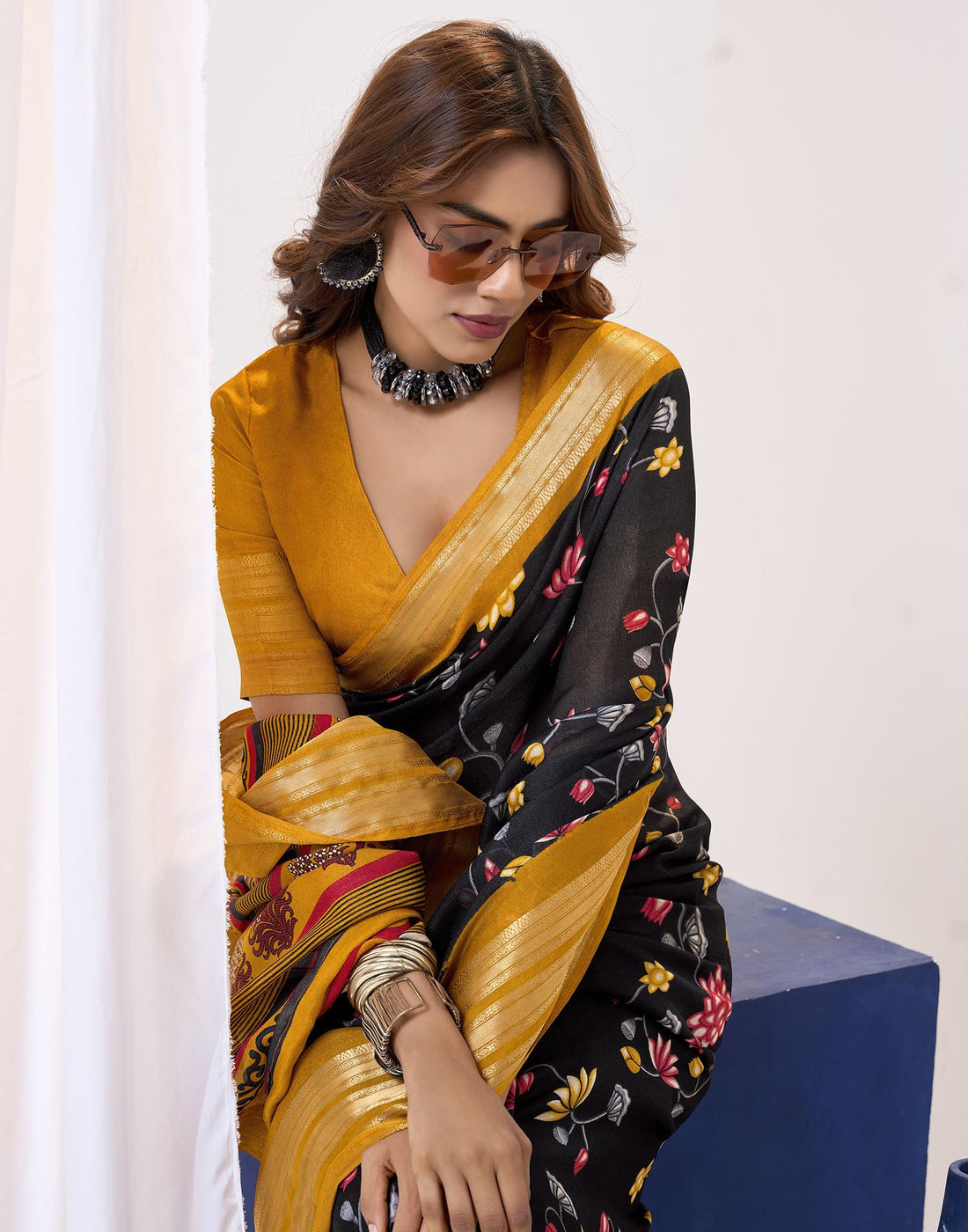 Black Floral Printed Georgette Saree