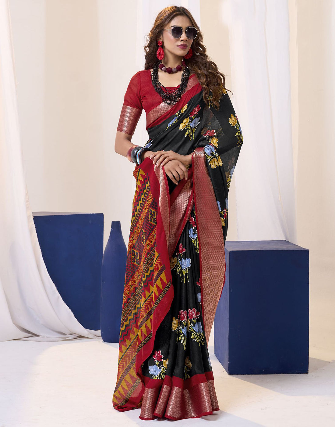 Black Floral Printed Georgette Saree