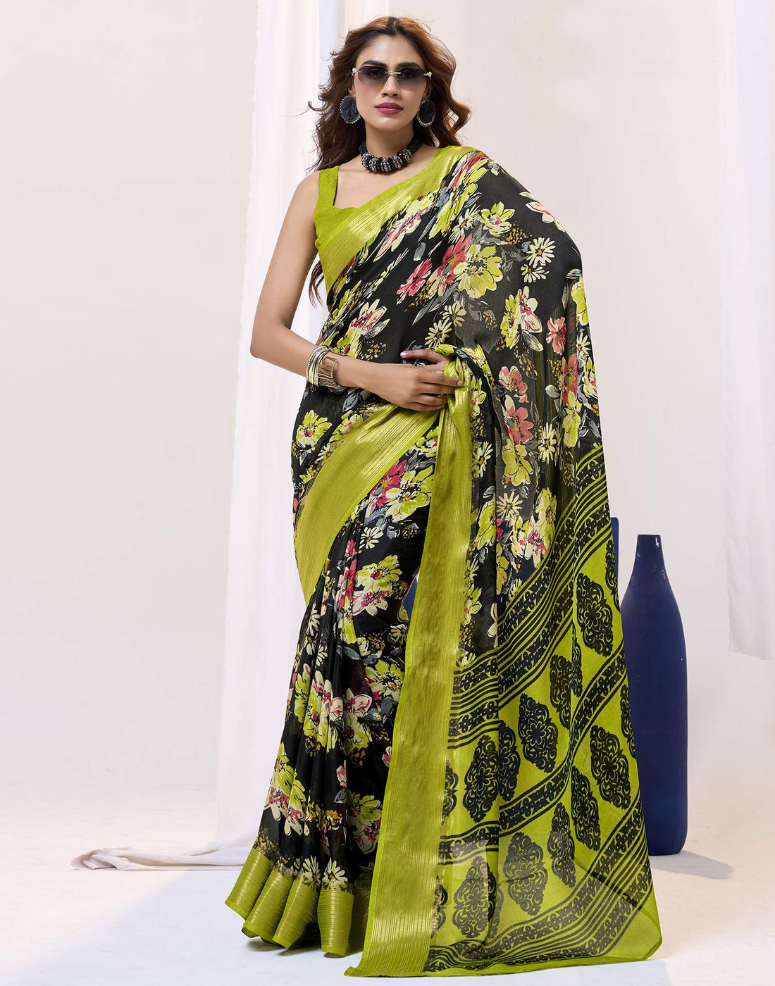 Black Floral Printed Georgette Saree