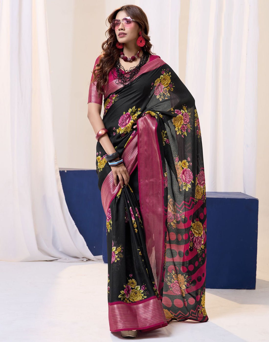 Black Floral Printed Georgette Saree