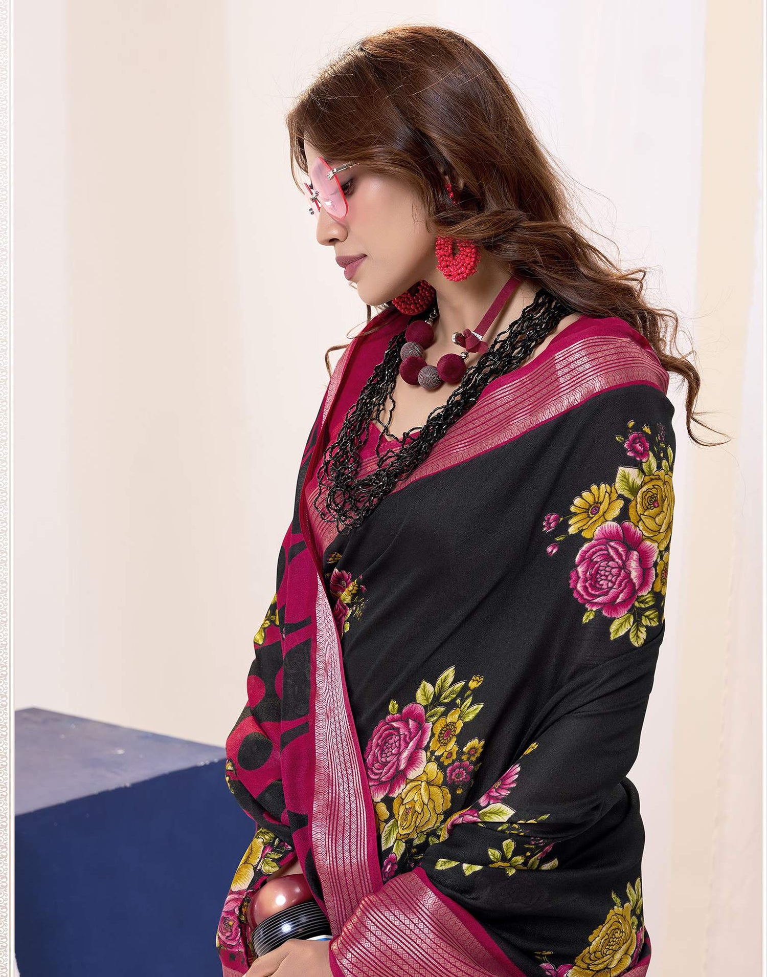 Black Floral Printed Georgette Saree
