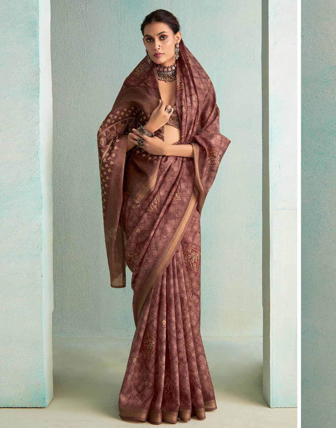 Chestnut Brown Printed Silk Saree